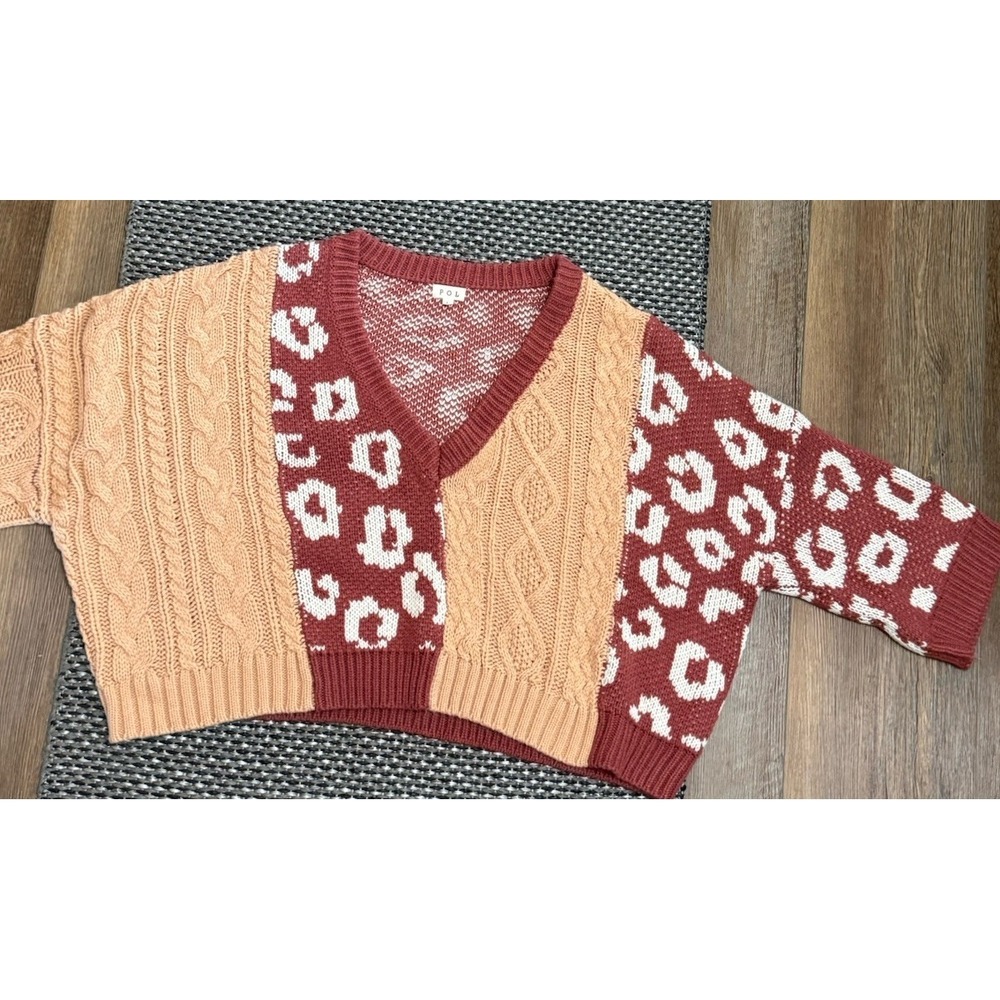 POL Leopard Cable Knit Deep V Neck Chunky Oversized Knit Sweeter Boxy Sz L - Picture 4 of 13